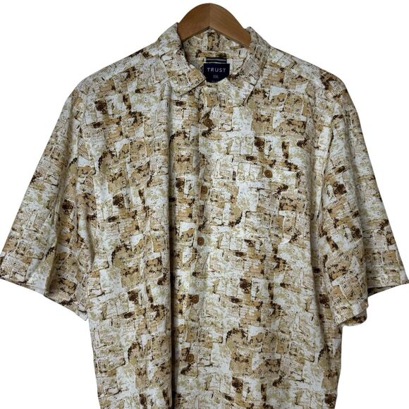 TRUST Mens Size XXL Linen Rayon Button Up Shirt Short Sleeve Tan Beige Brown - Picture 3 of 10